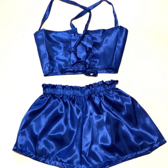 Luxe Two Piece Silk Pyjama Lounge Set, Royal Blue - Picture 3 of 5